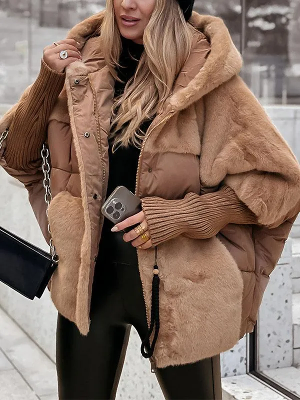 Women's Faux Fur Puffer Jacket - Oversized Hooded Zip-Up with Quilted Panel