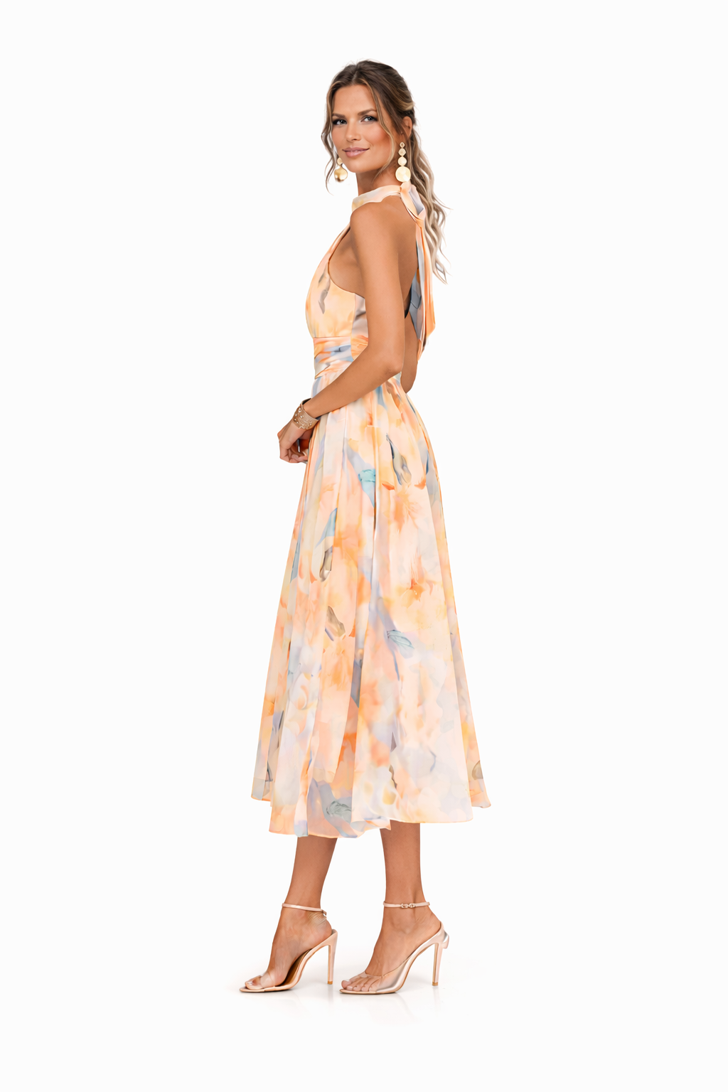 Women's Halter Neck Watercolor Print Midi Dress - Sleeveless
