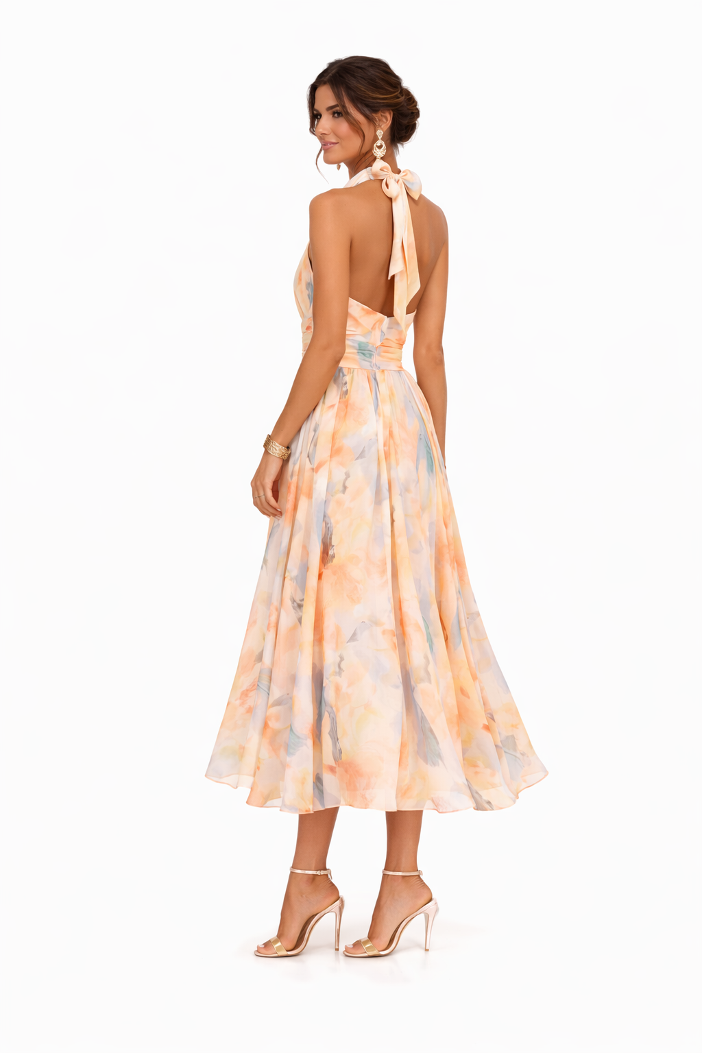 Women's Halter Neck Watercolor Print Midi Dress - Sleeveless
