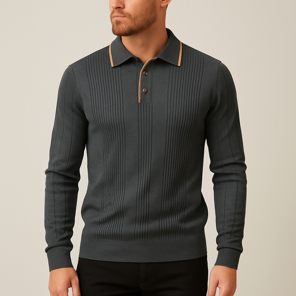 Men's Long Sleeve Polo - Knit Ribbed - Contrast Collar - Slim Fit
