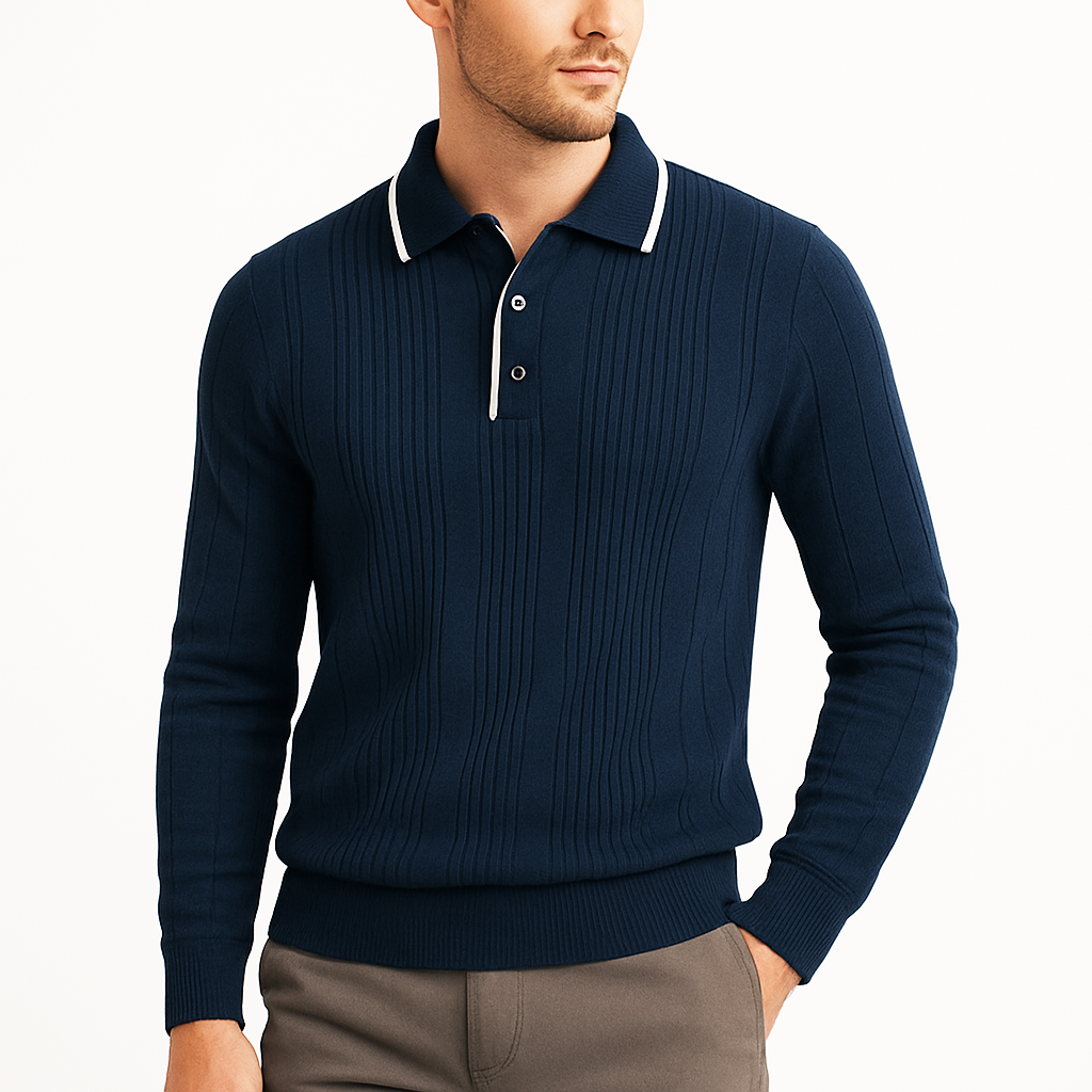 Men's Long Sleeve Polo - Knit Ribbed - Contrast Collar - Slim Fit