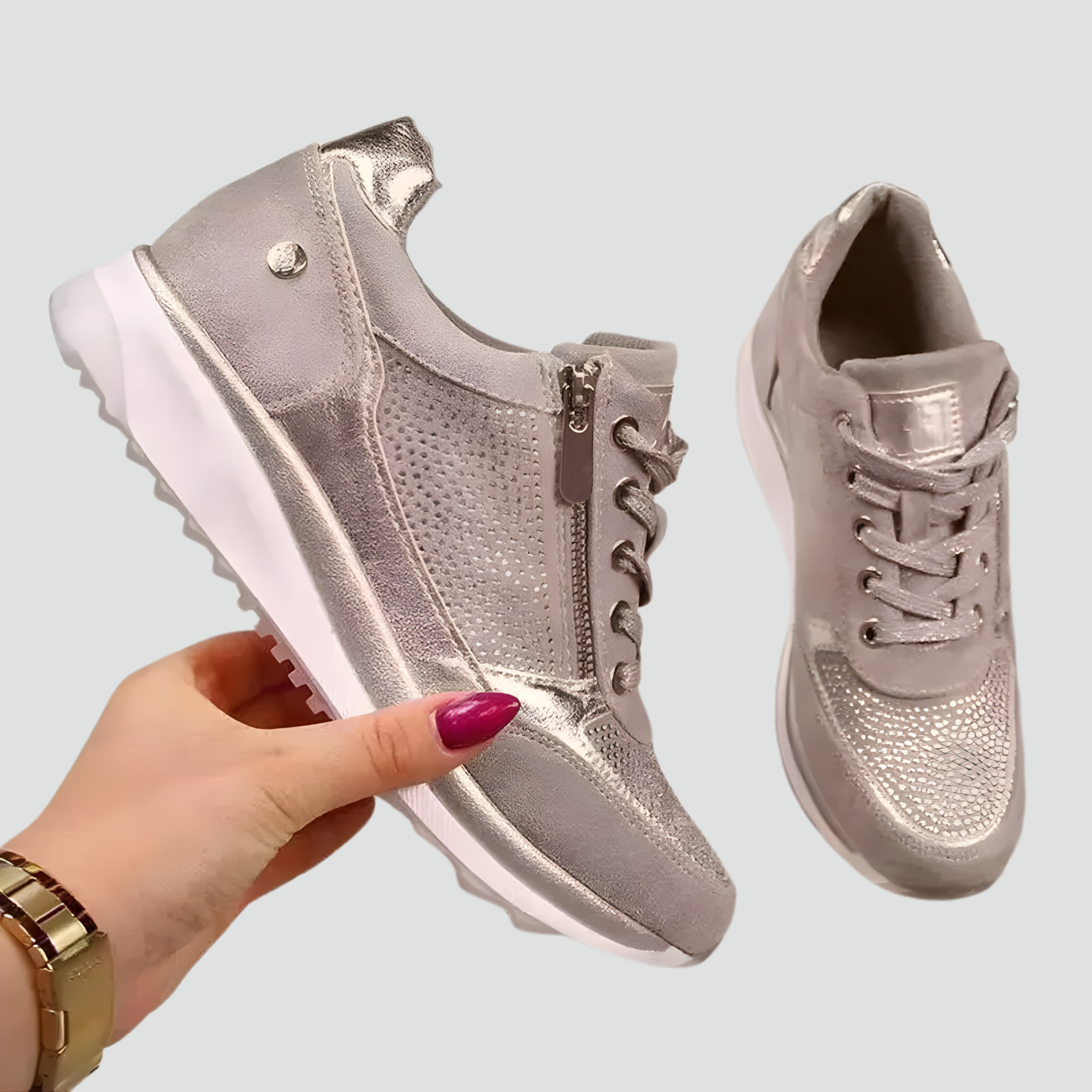 Women's Orthopedic Side-Zip Lace-Up Low-Top Sneakers - Perforated