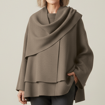 Women’s Asymmetrical Coat – Wide Sleeve Short Overcoat with Draped Scarf Collar