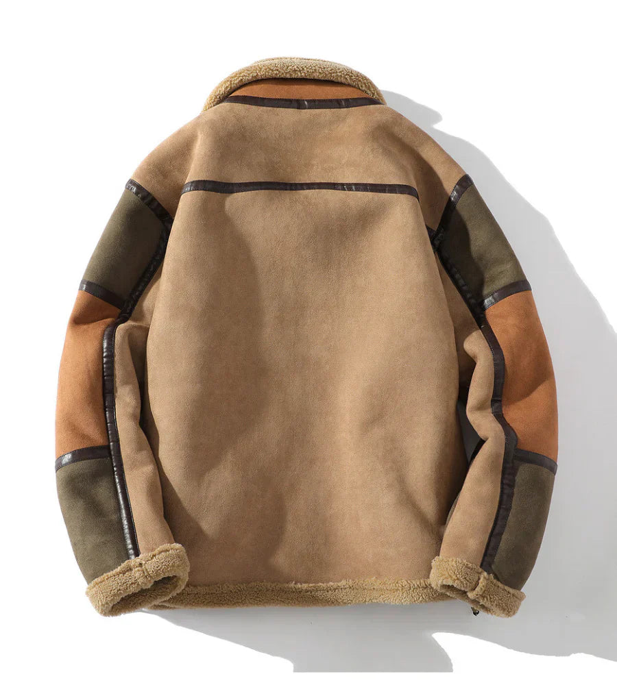 Men’s Shearling Jacket – Relaxed Fit Color Block Zip Front Coat with Patch Pockets