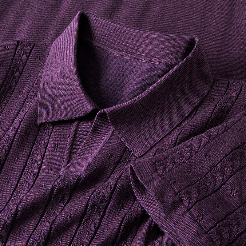 Men's Polo Tees - Short Sleeve Knit Polo with Open V-Neck and Textured Pattern