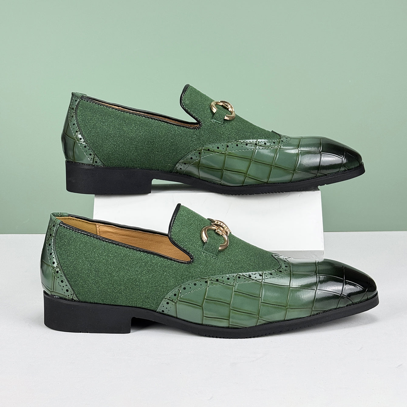 Men's Loafers - Slip On Dress Shoes with Brogue Detail - Metal Horsebit Buckle