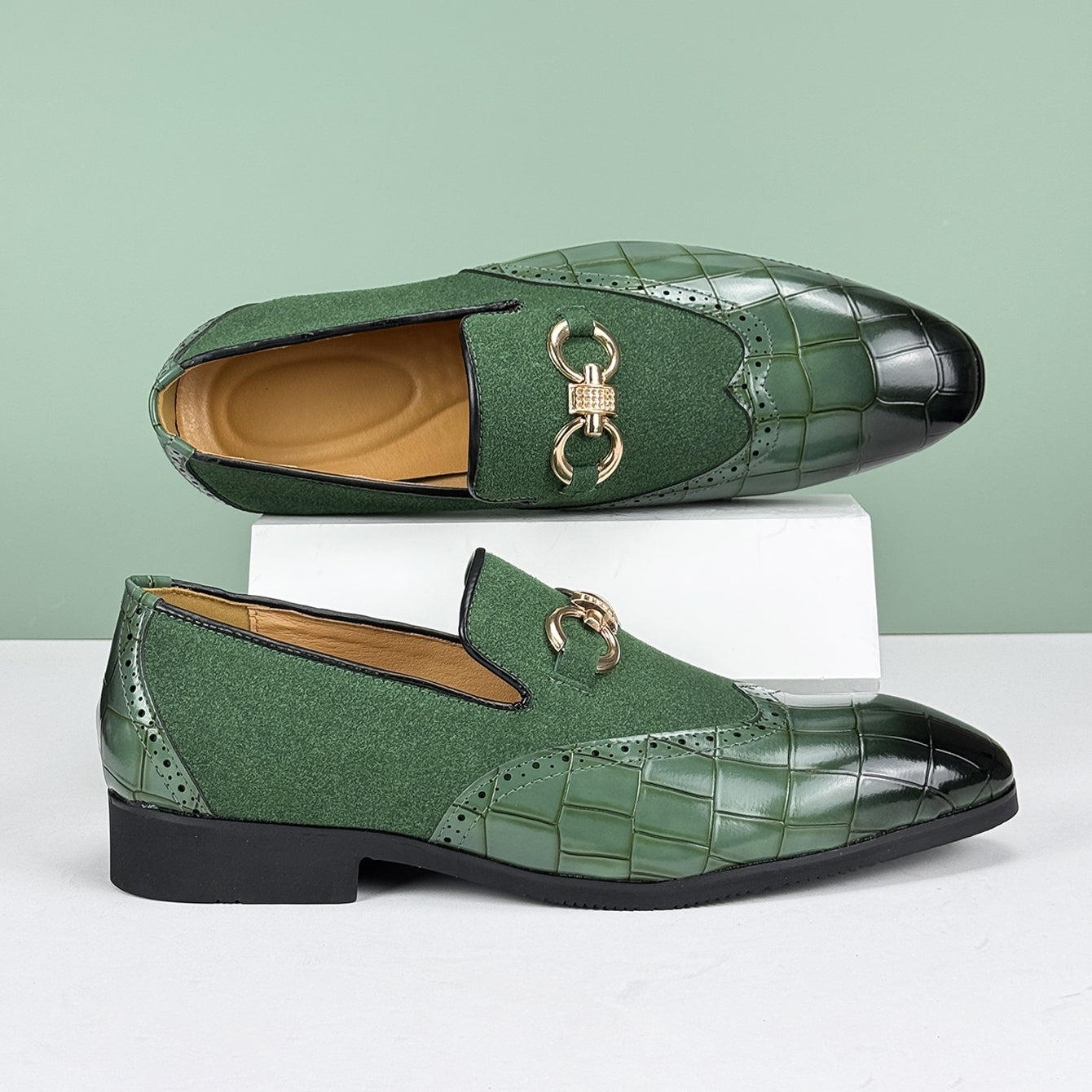 Men's Loafers - Slip On Dress Shoes with Brogue Detail - Metal Horsebit Buckle