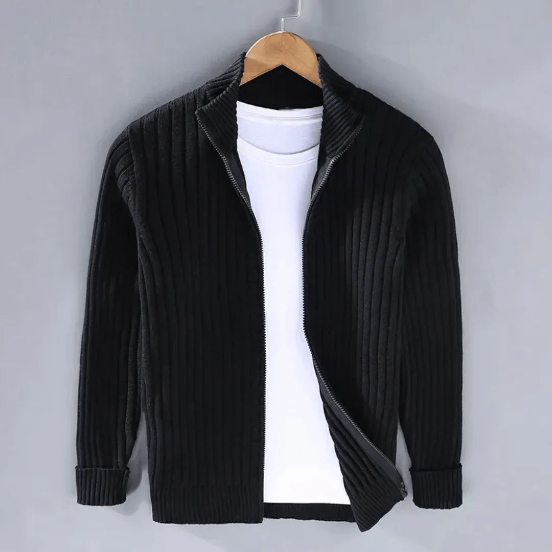 Men's Quarter Zip Knit Jumper - Mock Neck Full Zip with Ribbed Stripe Texture and Long Sleeves