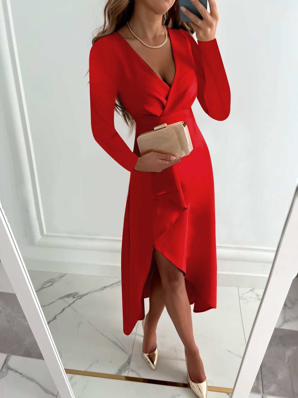 Women's Midi Dress - V-Neck Long Sleeve Ruffle Hem