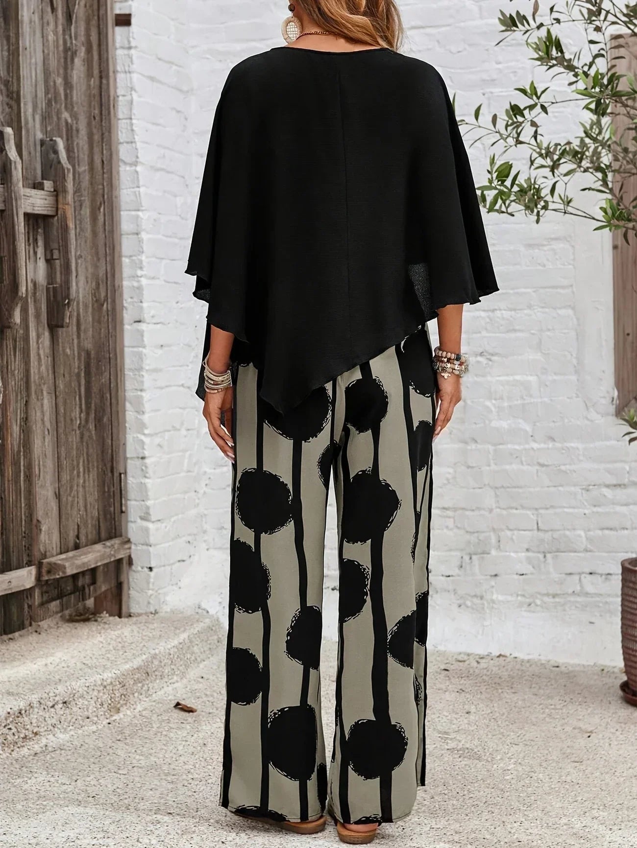 Women's Two Piece Set - Batwing Top and Printed Wide Leg Pants
