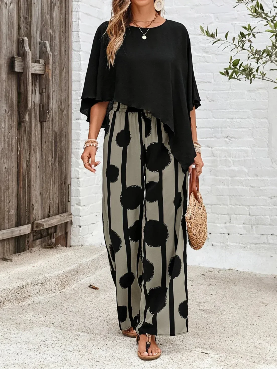 Women's Two Piece Set - Batwing Top and Printed Wide Leg Pants