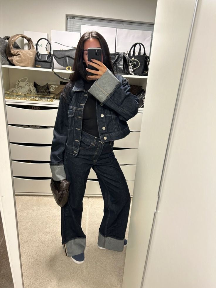Women's Denim Two Piece Set - Cropped Jacket and Wide Leg Pants with Cuff Detail