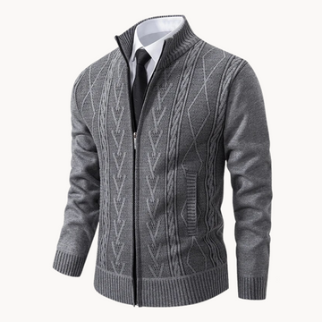 Men's Zip-Up Stand Collar Cable Knit Cardigan - Long Sleeve Knitted Jacket with Side Pockets