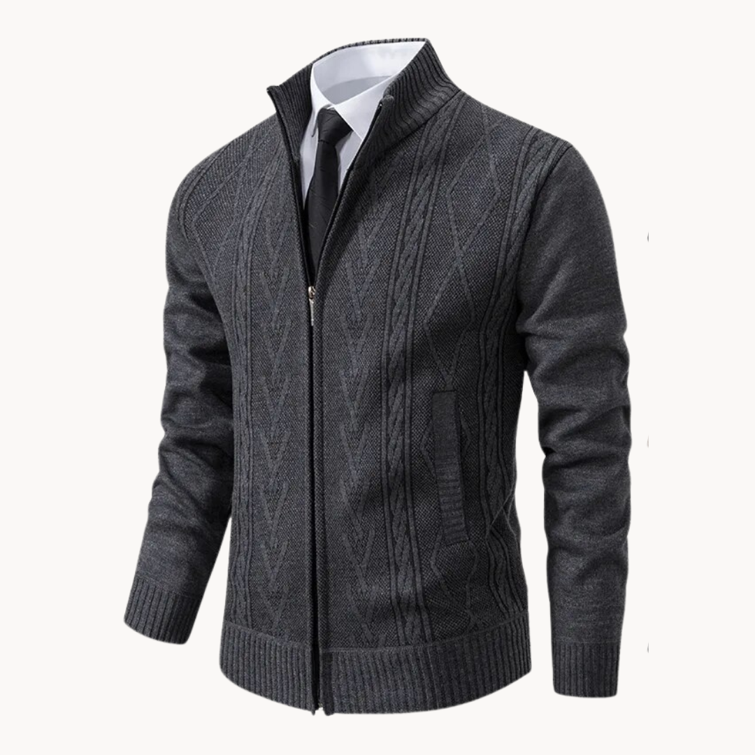 Men's Zip-Up Stand Collar Cable Knit Cardigan - Long Sleeve Knitted Jacket with Side Pockets