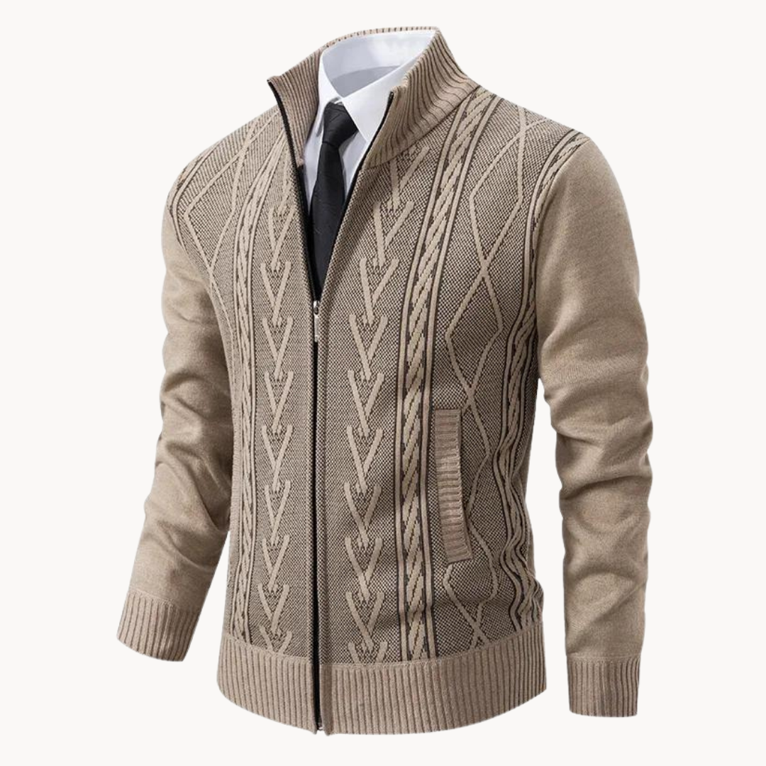 Men's Zip-Up Stand Collar Cable Knit Cardigan - Long Sleeve Knitted Jacket with Side Pockets