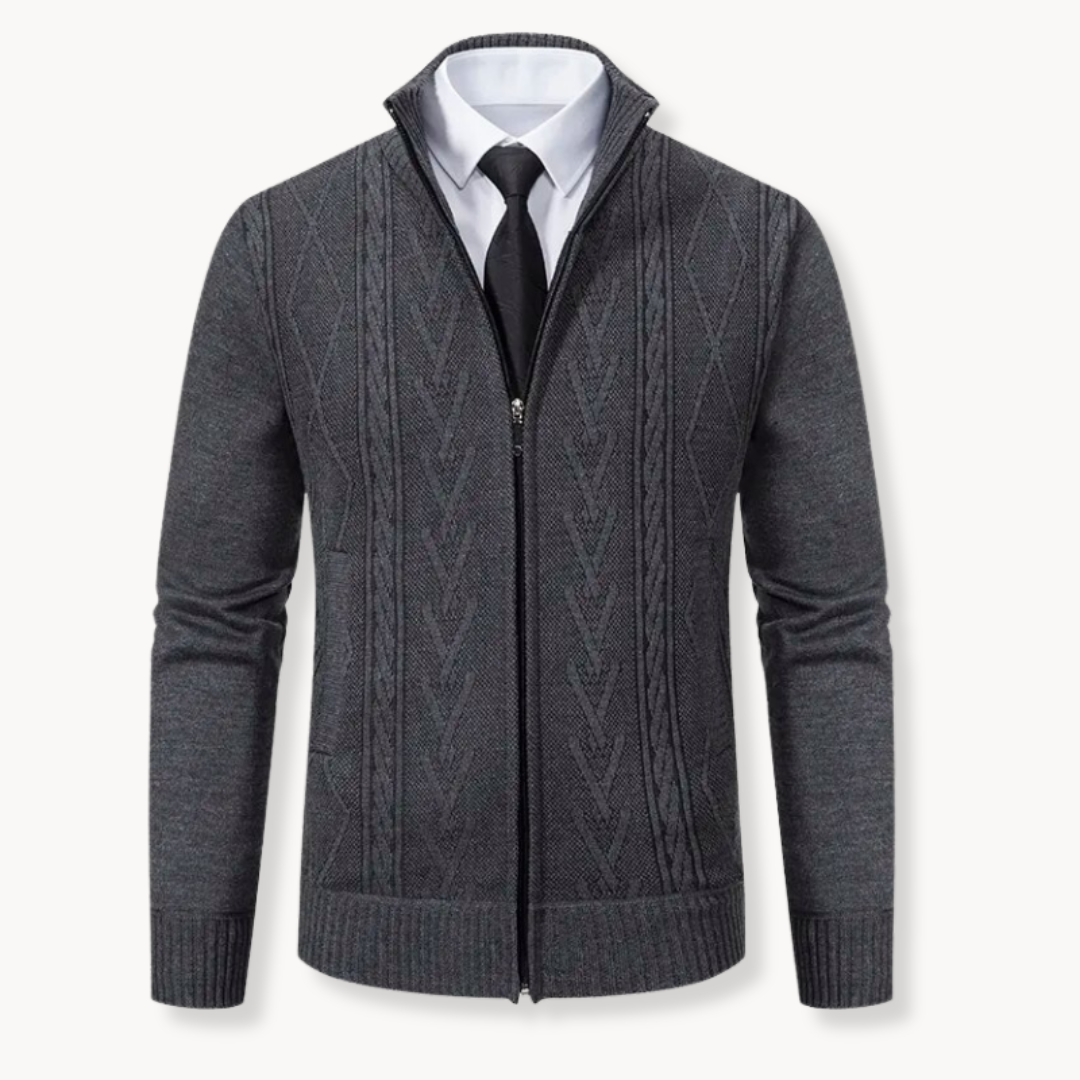 Men's Zip-Up Stand Collar Cable Knit Cardigan - Long Sleeve Knitted Jacket with Side Pockets