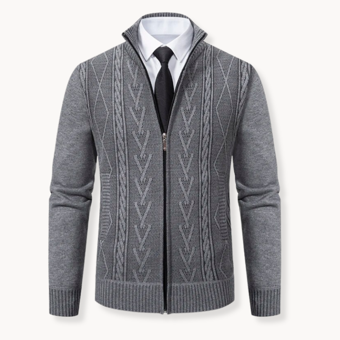 Men's Zip-Up Stand Collar Cable Knit Cardigan - Long Sleeve Knitted Jacket with Side Pockets