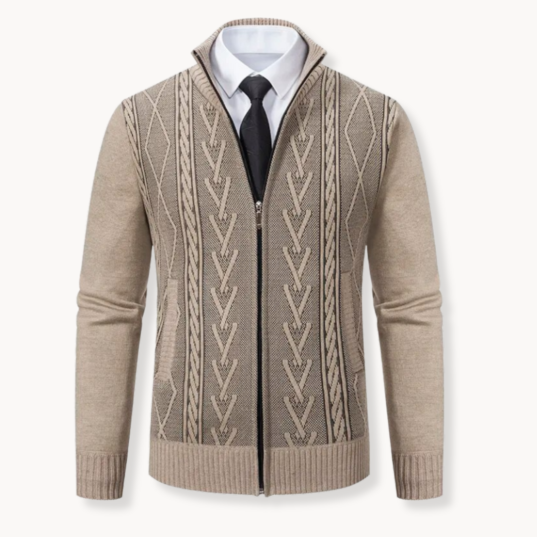 Men's Zip-Up Stand Collar Cable Knit Cardigan - Long Sleeve Knitted Jacket with Side Pockets