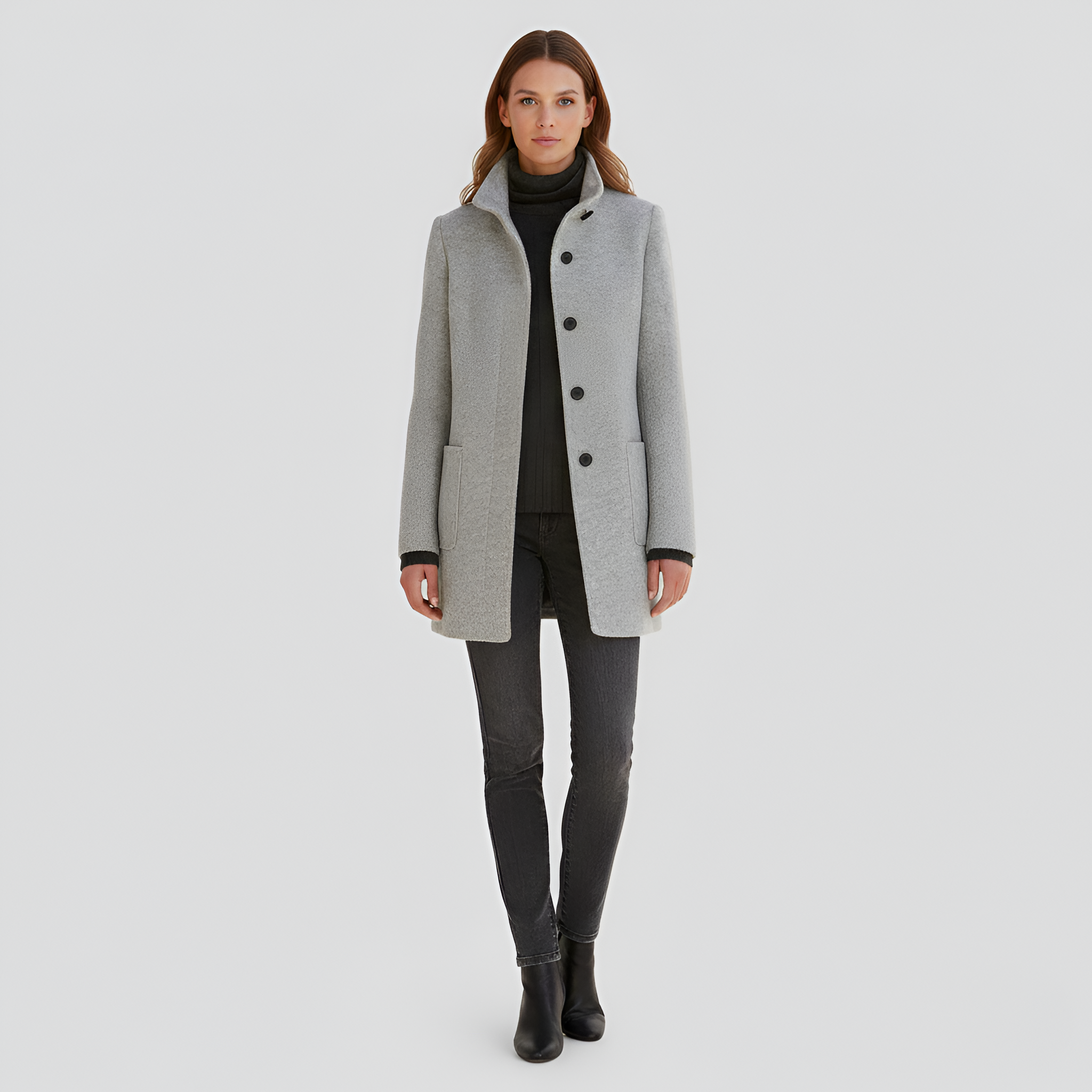 Women's Stand Collar Single-Breasted Midi Coat with Patch Pockets - Structured - Winter Style