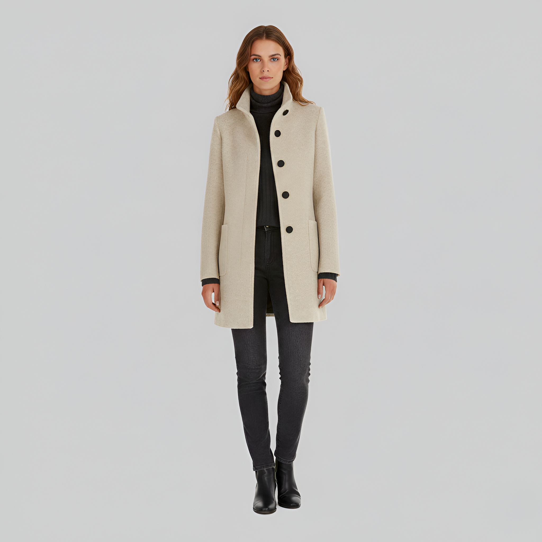 Women's Stand Collar Single-Breasted Midi Coat with Patch Pockets - Structured - Winter Style