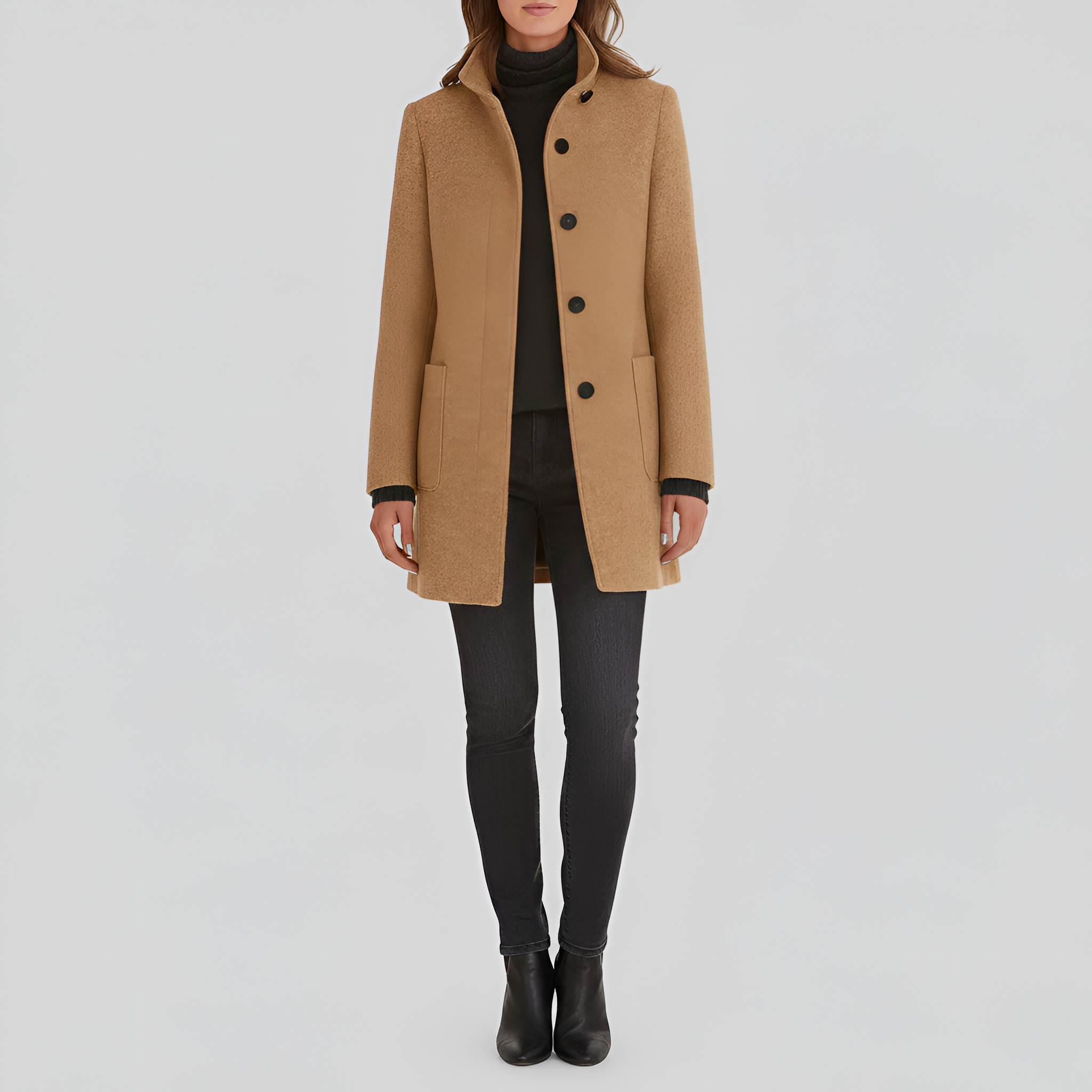 Women's Stand Collar Single-Breasted Midi Coat with Patch Pockets - Structured - Winter Style
