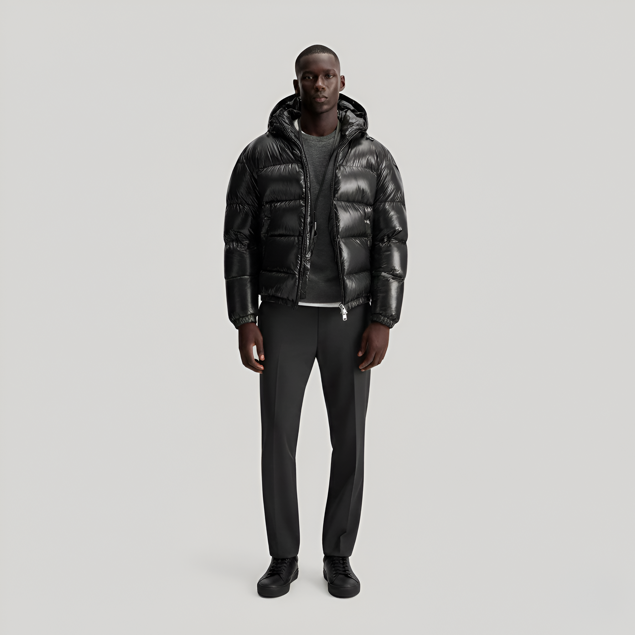 Men's Hooded Puffer Jacket with Glossy Shell - Full Zip - Cropped - Winter Style