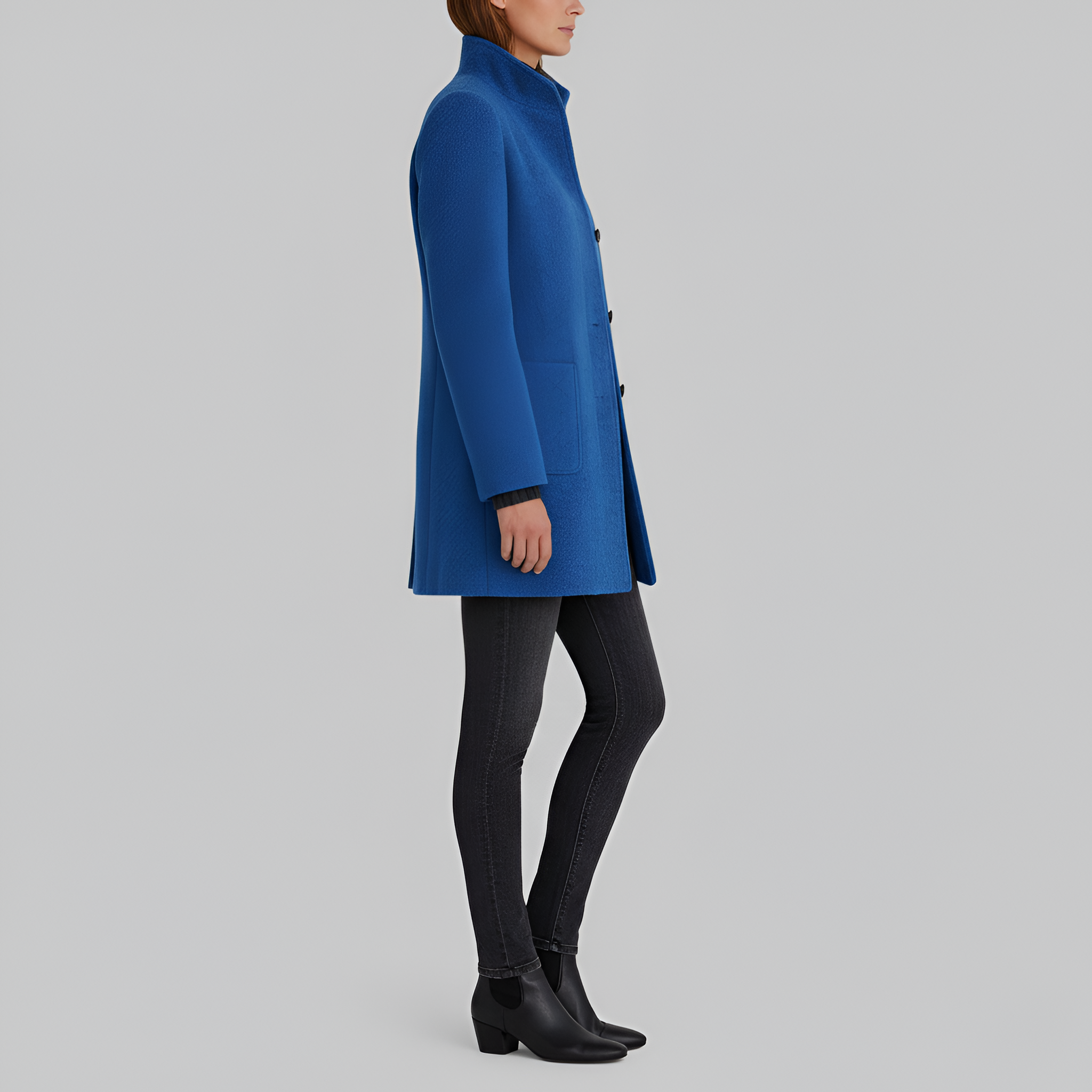 Women's Stand Collar Single-Breasted Midi Coat with Patch Pockets - Structured - Winter Style