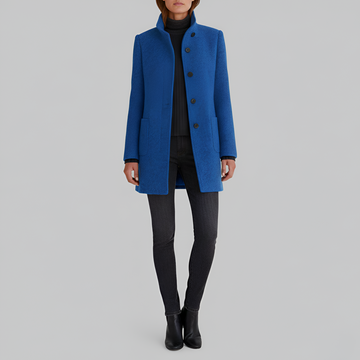 Women's Stand Collar Single-Breasted Midi Coat with Patch Pockets - Structured - Winter Style