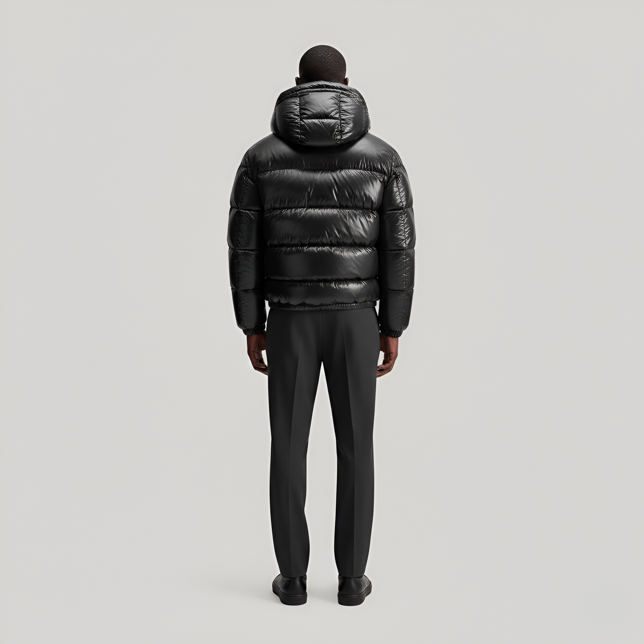 Men's Hooded Puffer Jacket with Glossy Shell - Full Zip - Cropped - Winter Style
