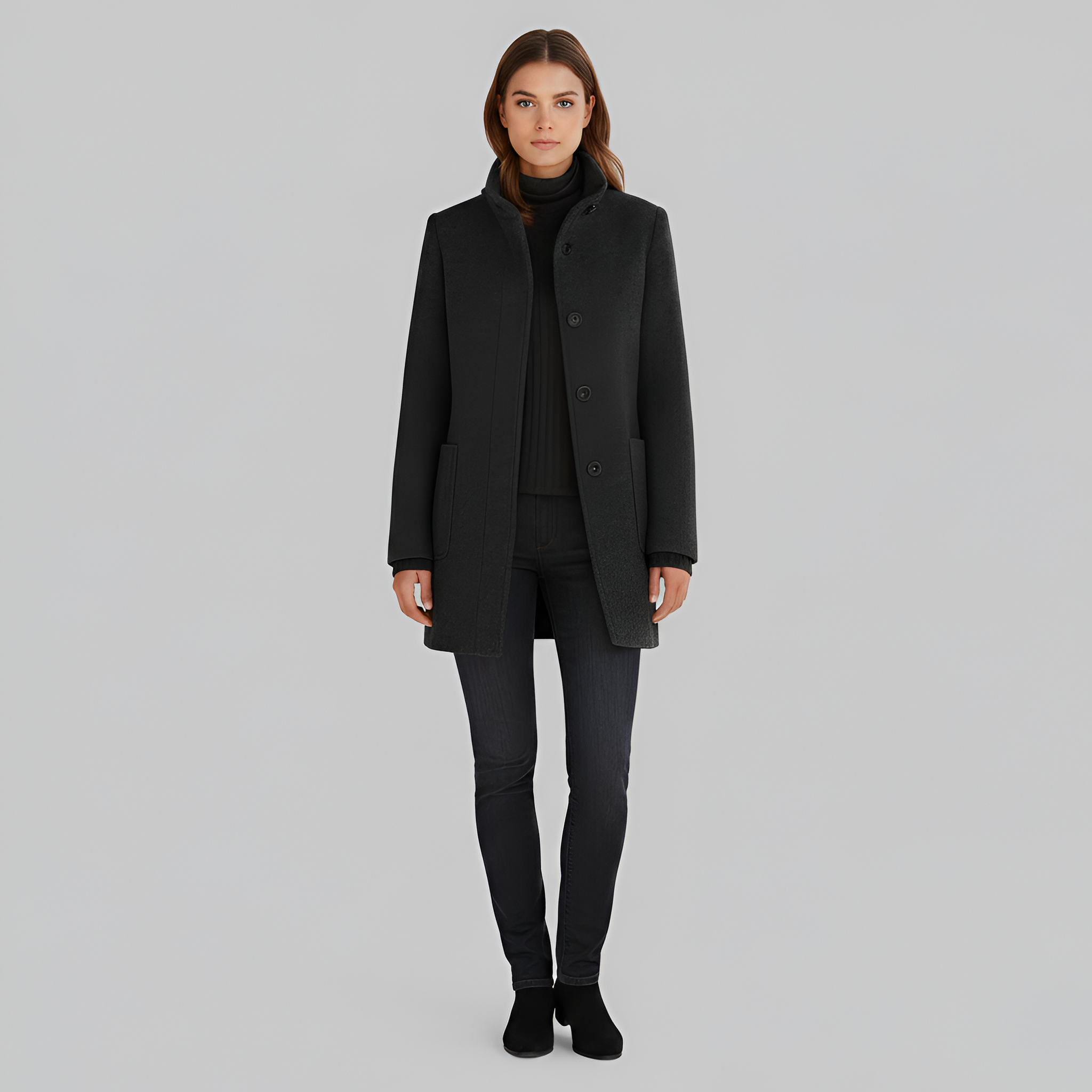 Women's Stand Collar Single-Breasted Midi Coat with Patch Pockets - Structured - Winter Style