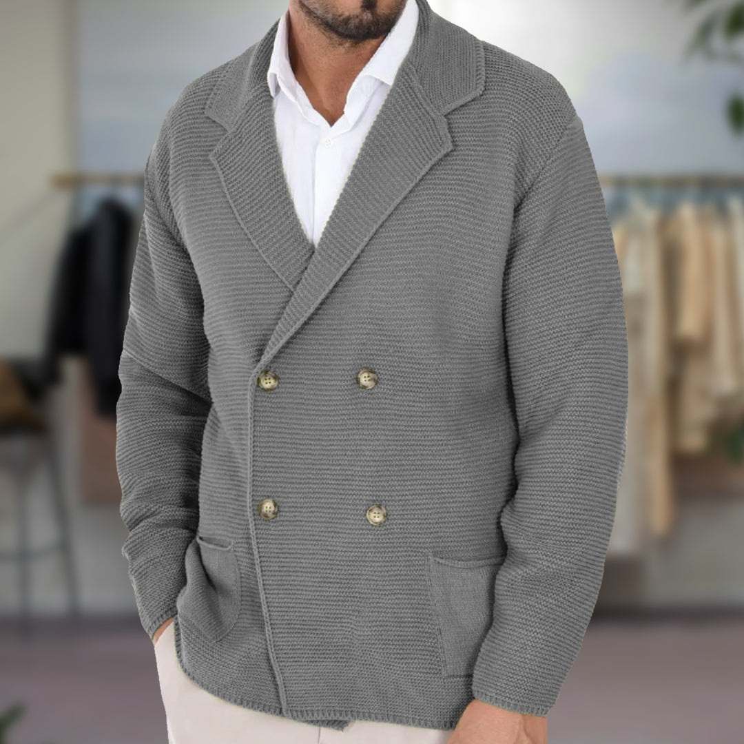 Men's Double Breasted Knitted Cardigan - Notch Lapel Long Sleeve Knit Jacket with Patch Pockets