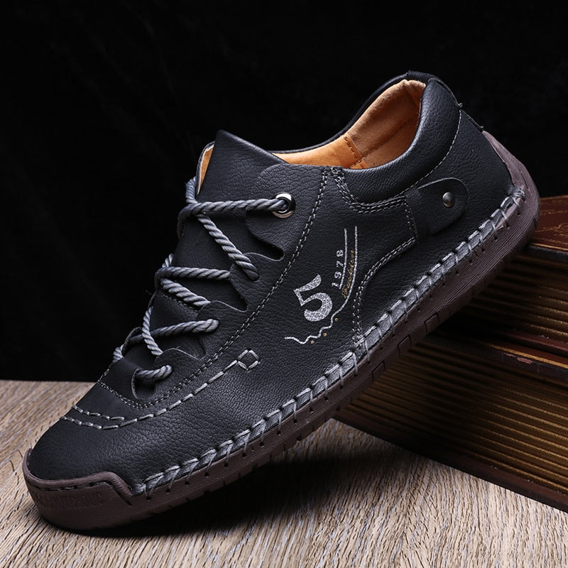 Men's Leather Lace-Up Casual Shoes with Hand-Stitched Detail
