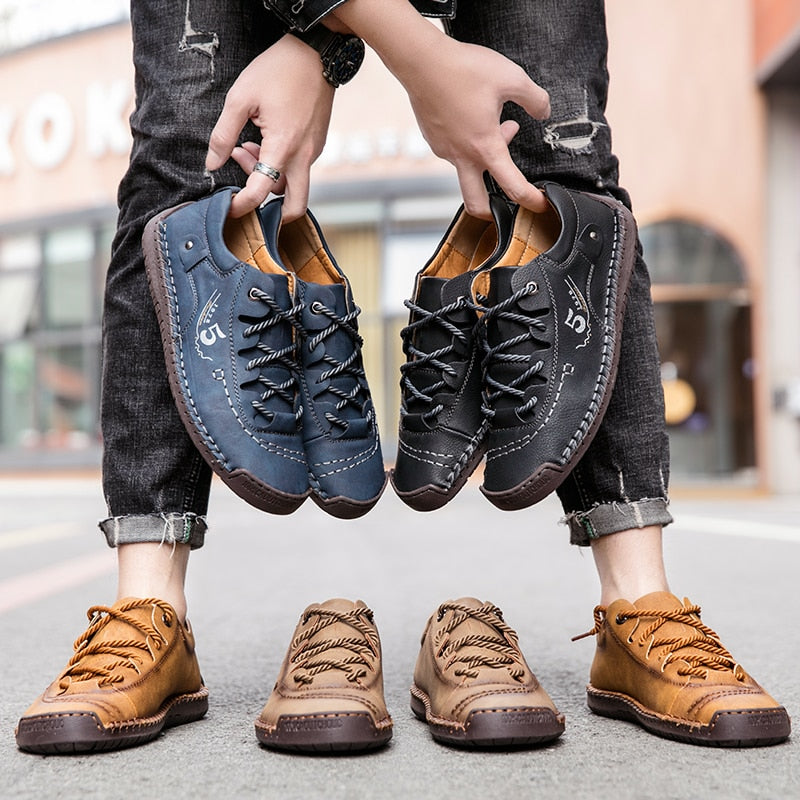 Men's Leather Lace-Up Casual Shoes with Hand-Stitched Detail