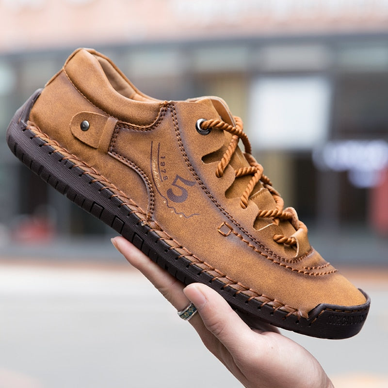 Men's Leather Lace-Up Casual Shoes with Hand-Stitched Detail