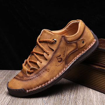 Men's Leather Lace-Up Casual Shoes with Hand-Stitched Detail