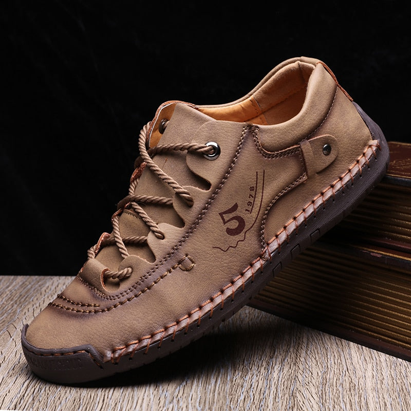 Men's Leather Lace-Up Casual Shoes with Hand-Stitched Detail