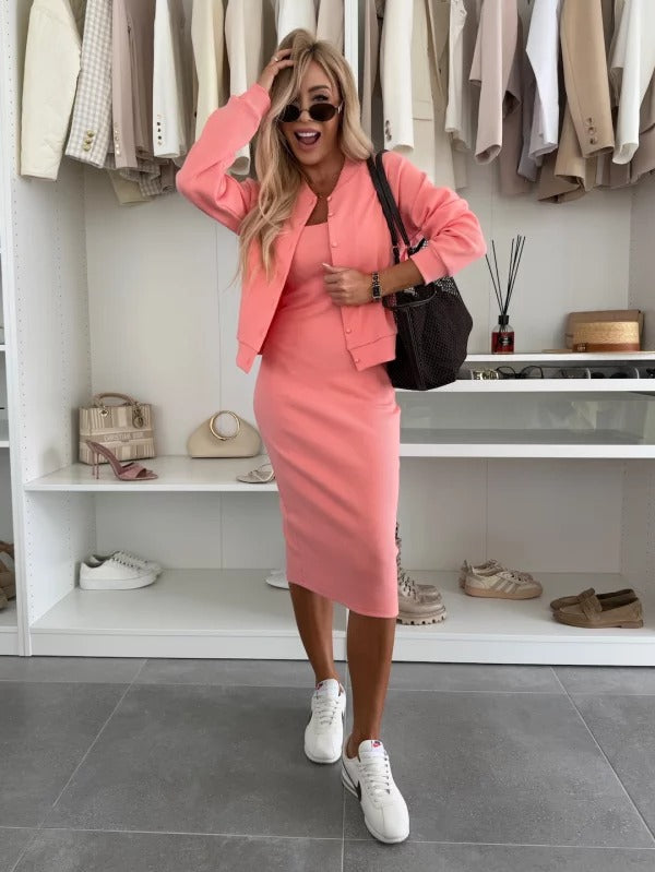 Women's Two Piece Knit Set - Cropped Cardigan and Bodycon Midi Skirt