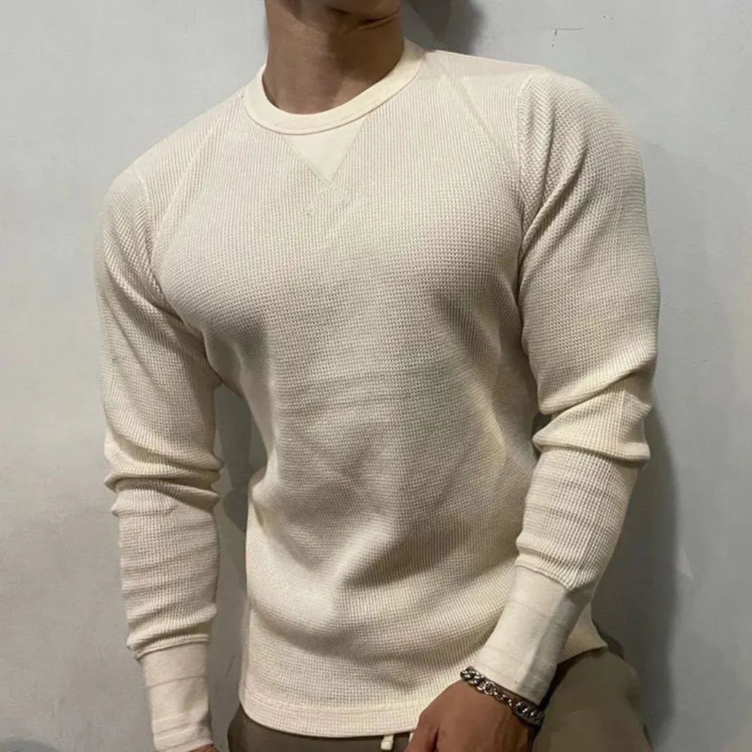 Men's Long Sleeve Crew Neck Top - Waffle Knit Texture with Raglan Sleeves and V-Stitch Detail