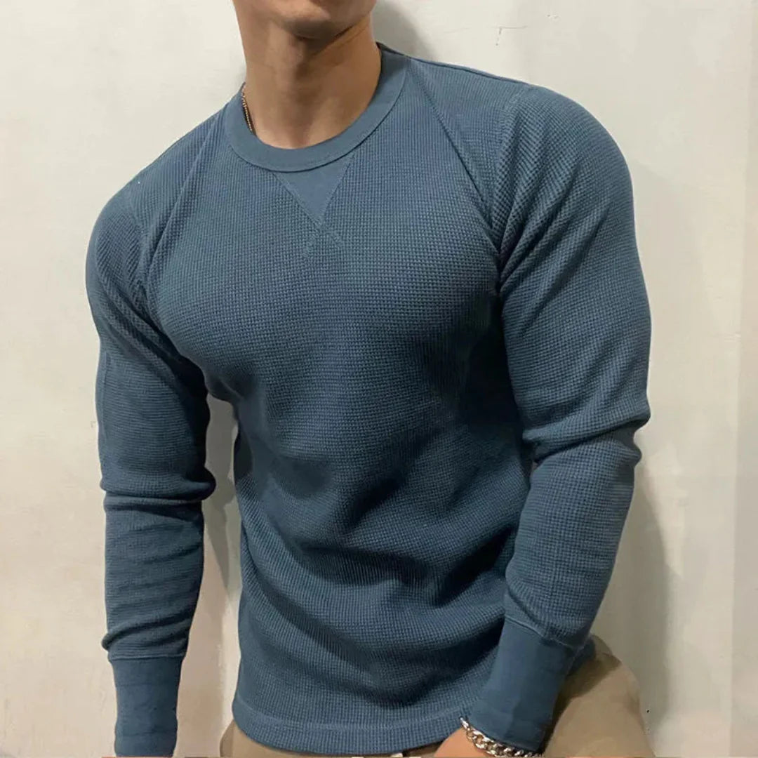 Men's Long Sleeve Crew Neck Top - Waffle Knit Texture with Raglan Sleeves and V-Stitch Detail