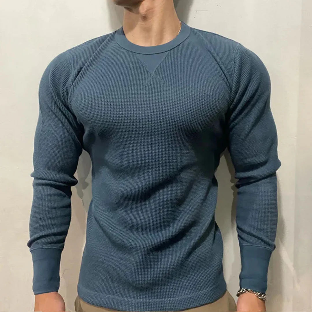 Men's Long Sleeve Crew Neck Top - Waffle Knit Texture with Raglan Sleeves and V-Stitch Detail