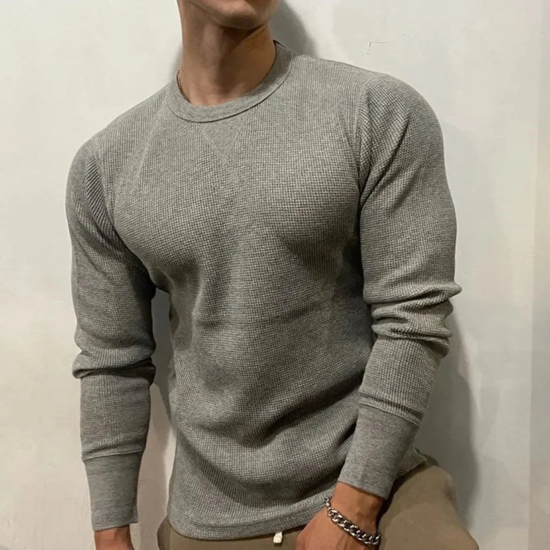 Men's Long Sleeve Crew Neck Top - Waffle Knit Texture with Raglan Sleeves and V-Stitch Detail