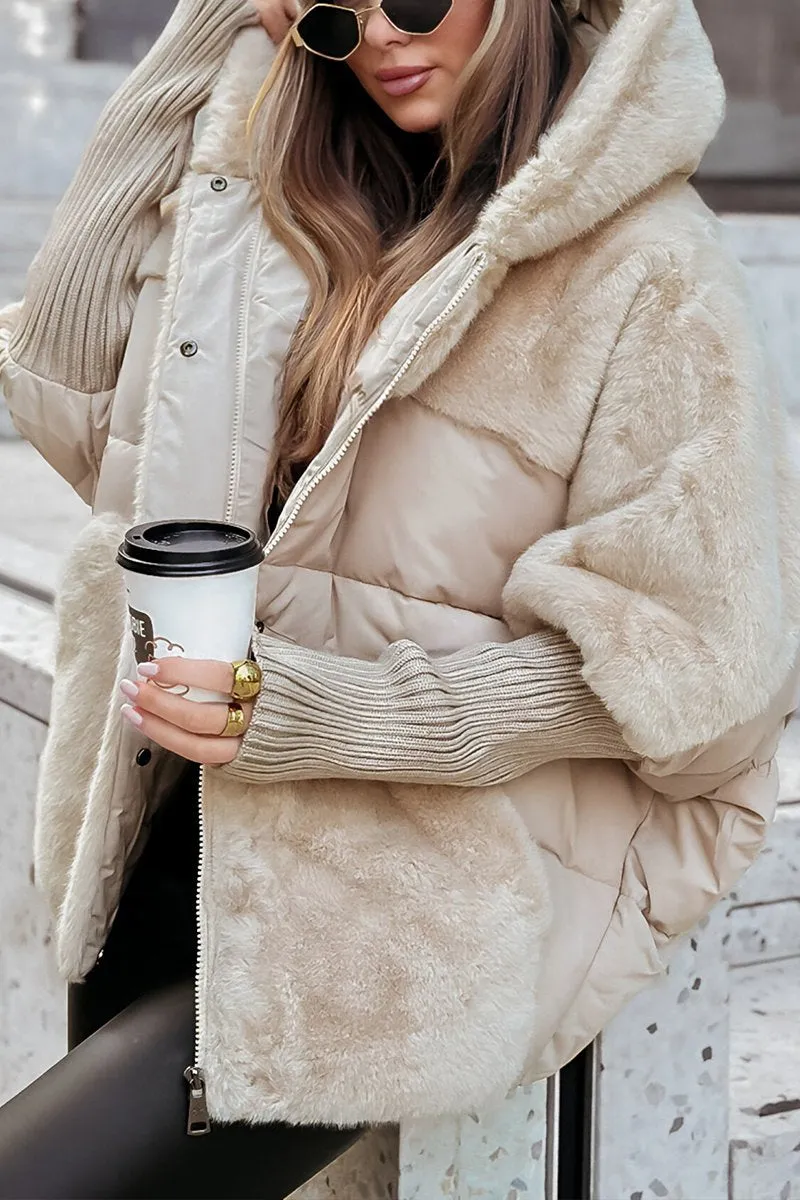Women's Faux Fur Puffer Jacket - Oversized Hooded Zip-Up with Quilted Panel
