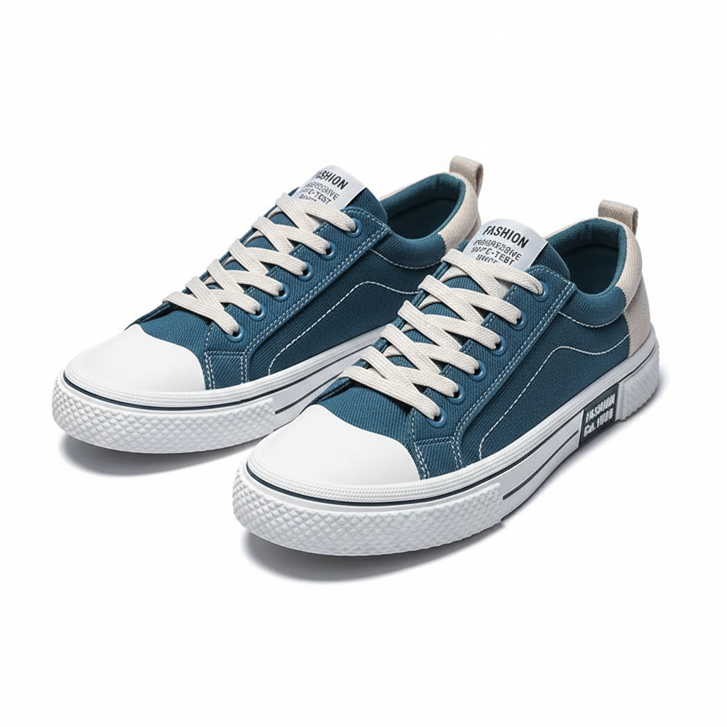 Men's Casual Sneakers - Lace-Up Low Top with Contrast Toe Cap - Colour Block Upper and White Sole