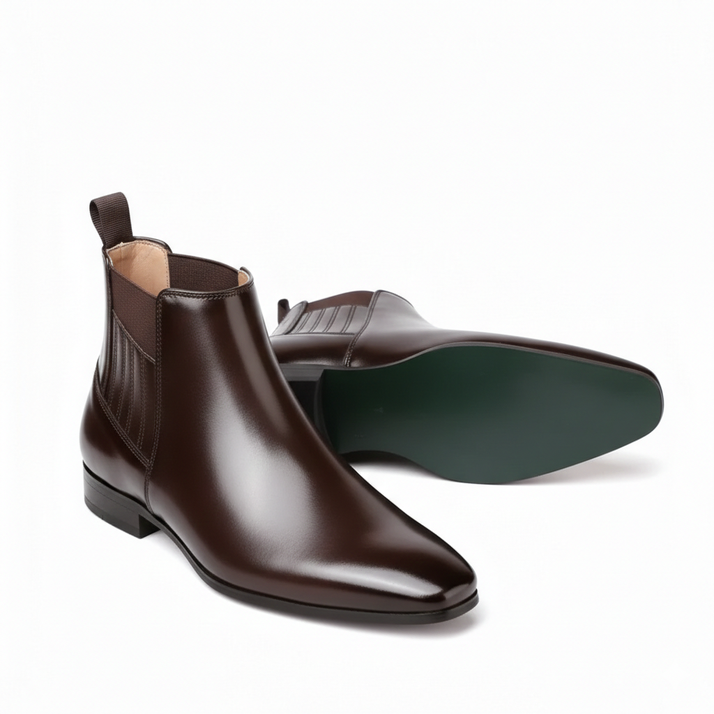 Men's Dress Chelsea Boots - Square Toe Slip-On with Elastic Panel - Low Heel and Pull Tab
