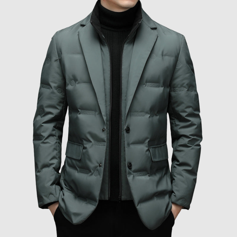 Men's Down Puffy Jacket - Notch Lapel Blazer Style - Two-Button Front - Quilted Puffer - Smart Casual Coat