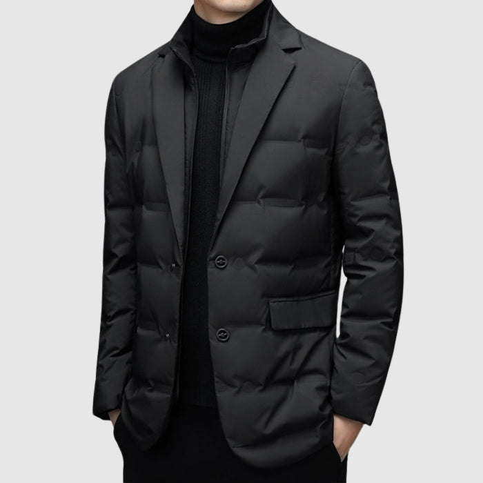 Men's Down Puffy Jacket - Notch Lapel Blazer Style - Two-Button Front - Quilted Puffer - Smart Casual Coat