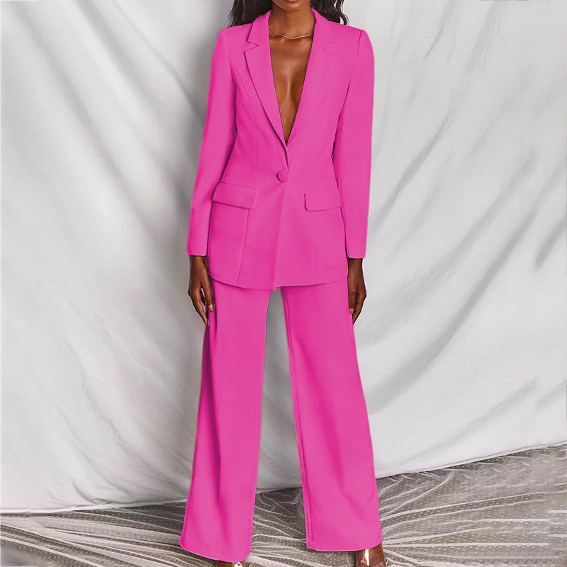 Women’s Trouser Suit – One-Button Blazer, Wide-Leg Pants