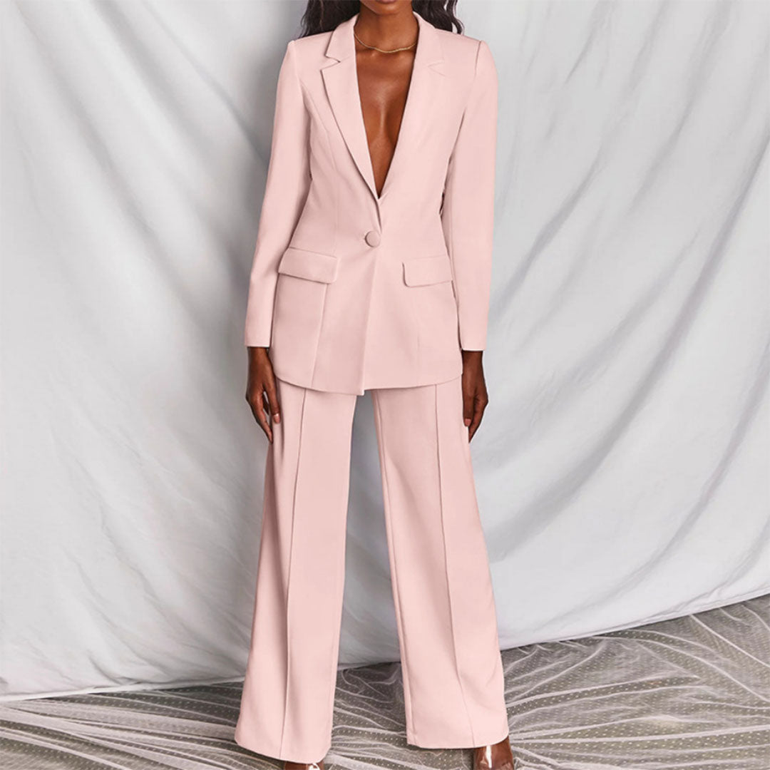 Women’s Trouser Suit – One-Button Blazer, Wide-Leg Pants