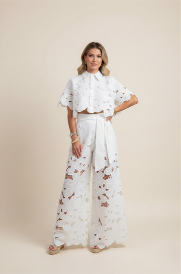 Women's Lace Two Piece Set - Crop Shirt and Wide Leg Pants