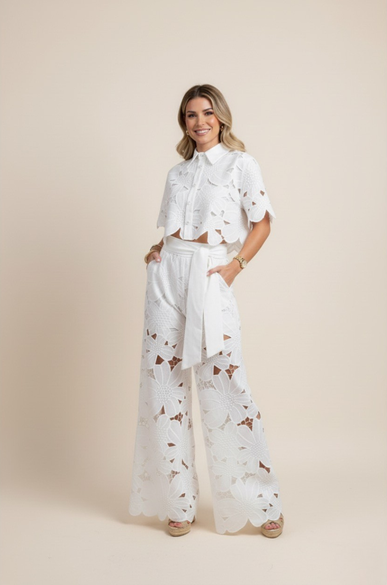 Women's Lace Two Piece Set - Crop Shirt and Wide Leg Pants
